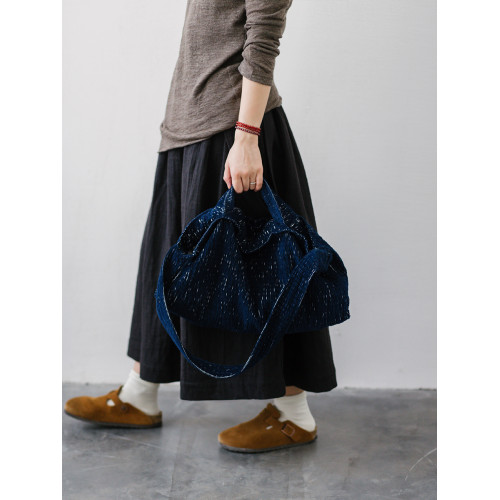 paleMoo |星 秋冬深藍細條單肩包包燈芯絨拉鍊手拎日系棉斜背布袋