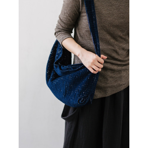 paleMoo |星 秋冬深藍細條單肩包包燈芯絨拉鍊手拎日系棉斜背布袋