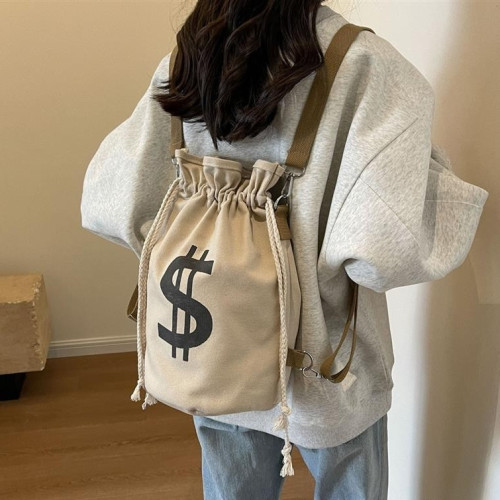 休閒斜後後背包美式帆布包多功能雙肩包兩用束口袋單肩包ins潮後後背包包 休閒斜後後背包美式帆布包多功能雙肩包兩用束口袋單肩包ins潮後後背包包