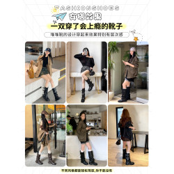 真皮~厚底褶皺中筒褲琯靴女秋堆堆長筒靴西部牛仔騎士靴大碼女靴