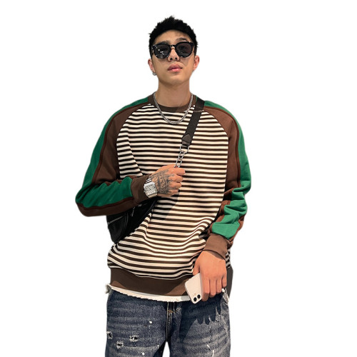 秋冬季加絨男士條紋拼色圓領衛衣寬鬆百搭套頭休閒外套美式帥氣潮