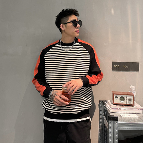 秋冬季加絨男士條紋拼色圓領衛衣寬鬆百搭套頭休閒外套美式帥氣潮
