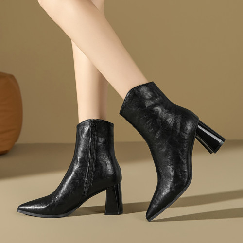 瘦瘦短靴女高跟鞋2025新款冬季加絨尖頭靴子粗跟法式高級感時裝靴 瘦瘦短靴女高跟鞋2025新款冬季加絨尖頭靴子粗跟法式高級感時裝靴