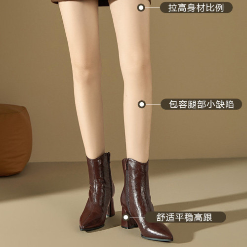 瘦瘦短靴女高跟鞋2025新款冬季加絨尖頭靴子粗跟法式高級感時裝靴 瘦瘦短靴女高跟鞋2025新款冬季加絨尖頭靴子粗跟法式高級感時裝靴