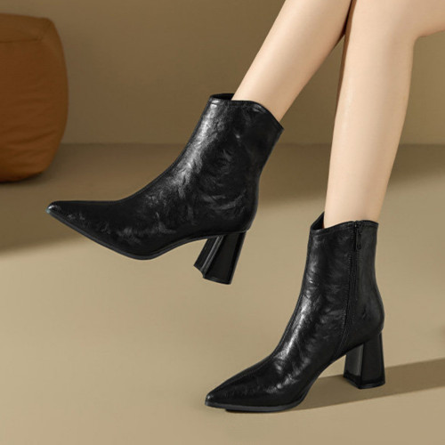 瘦瘦短靴女高跟鞋2025新款冬季加絨尖頭靴子粗跟法式高級感時裝靴 瘦瘦短靴女高跟鞋2025新款冬季加絨尖頭靴子粗跟法式高級感時裝靴