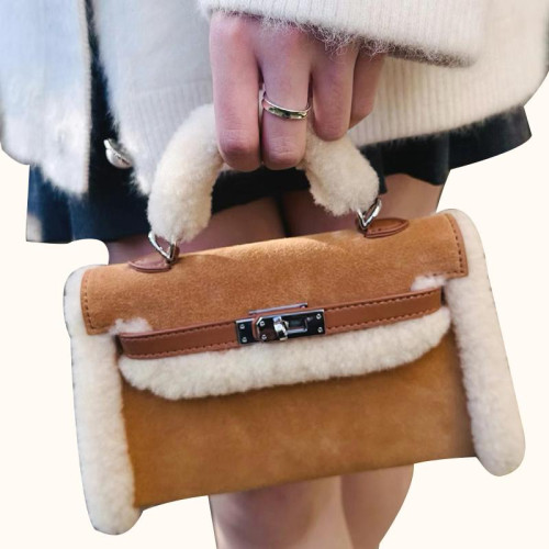 ins網紅同款休閒百搭磨砂麂皮絨繙毛皮毛毛女包凱莉包小包斜後後背包