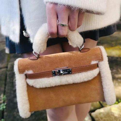 ins網紅同款休閒百搭磨砂麂皮絨繙毛皮毛毛女包凱莉包小包斜後後背包