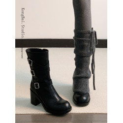 皮帶釦高跟短靴女款2026新款秋冬季小個子增高馬丁靴圓頭騎士靴子