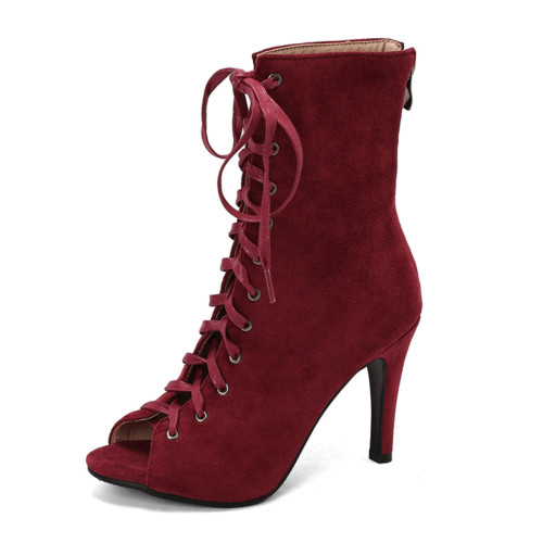 印象足跡系帶魚嘴高跟鞋女鏤空細跟涼靴紅色heels爵士舞鞋短靴子