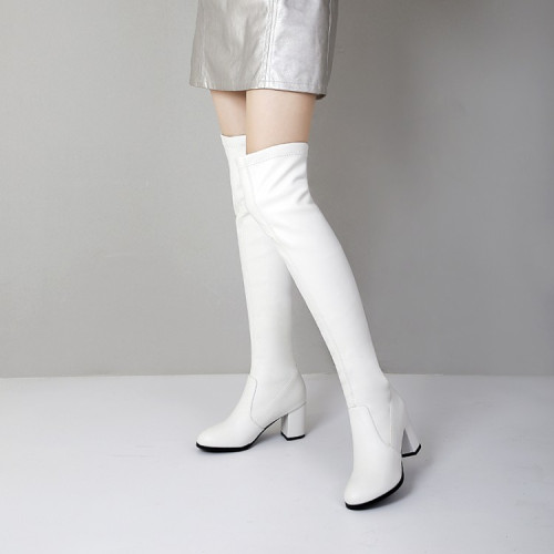 32-43過膝長靴女白色粗跟新款加絨高筒長筒靴小個子粗腿騎士靴女