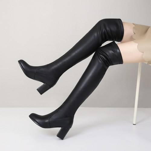 32-43過膝長靴女白色粗跟新款加絨高筒長筒靴小個子粗腿騎士靴女