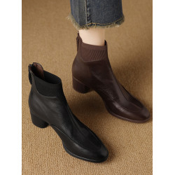 巨舒適~4.5cm法式復古羊皮針織拼接瘦瘦靴女2025秋冬真皮中跟短靴