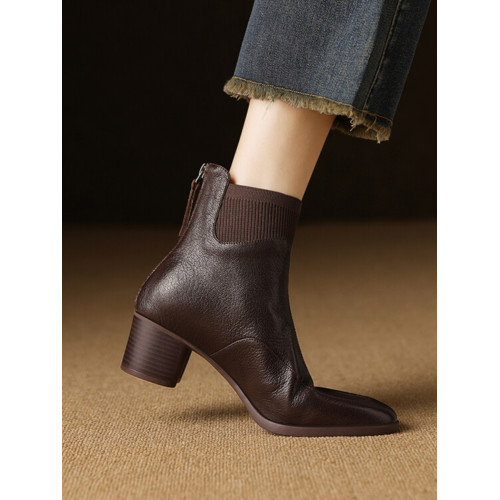 巨舒適~4.5cm法式復古羊皮針織拼接瘦瘦靴女2025秋冬真皮中跟短靴