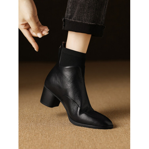 巨舒適~4.5cm法式復古羊皮針織拼接瘦瘦靴女2025秋冬真皮中跟短靴