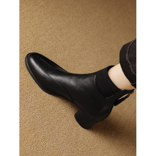 巨舒適~4.5cm法式復古羊皮針織拼接瘦瘦靴女2025秋冬真皮中跟短靴