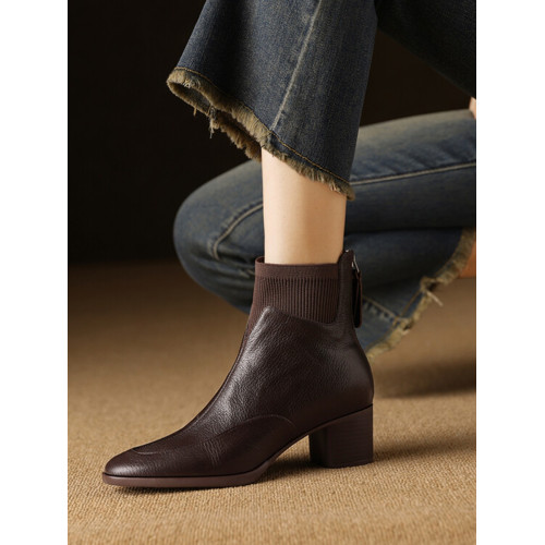 巨舒適~4.5cm法式復古羊皮針織拼接瘦瘦靴女2025秋冬真皮中跟短靴