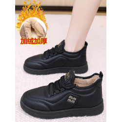 老北京布鞋女冬季加絨皮面防水媽媽休閒運動鞋厚底一腳蹬防滑棉靴