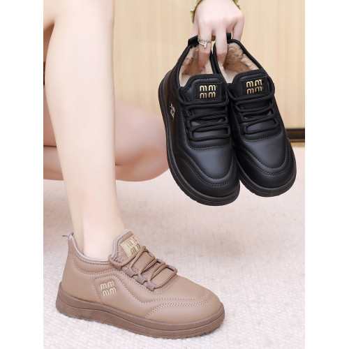 老北京布鞋女冬季加絨皮面防水媽媽休閒運動鞋厚底一腳蹬防滑棉靴