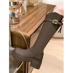 V口長筒靴女2025秋冬新款皮帶釦長靴復古顯瘦加絨厚底高筒騎士靴