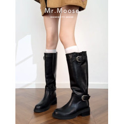 真皮厚底英倫風皮帶釦2026新款中筒堆堆靴騎士靴女復古圓頭長筒靴