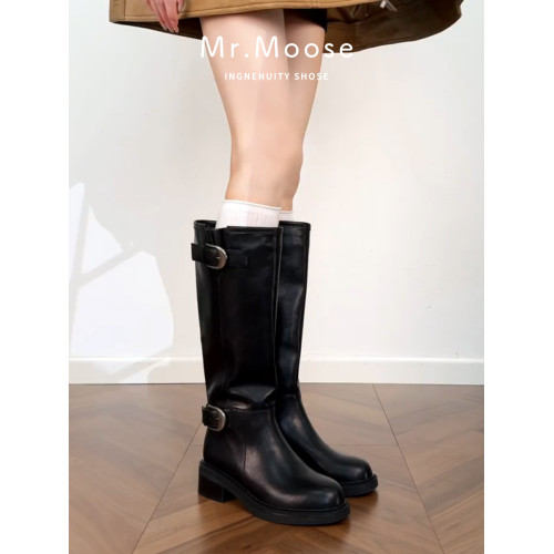 真皮厚底英倫風皮帶釦2026新款中筒堆堆靴騎士靴女復古圓頭長筒靴