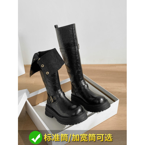 長筒靴女粗腿大筒圍厚底高筒靴顯瘦靴子騎士靴兩穿秋復古大碼女靴
