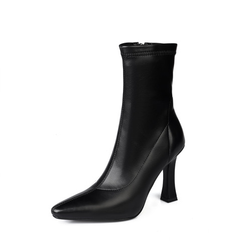 高跟短靴女2025新款冬季加絨小方頭瘦瘦靴真皮韓版顯瘦細跟高跟鞋