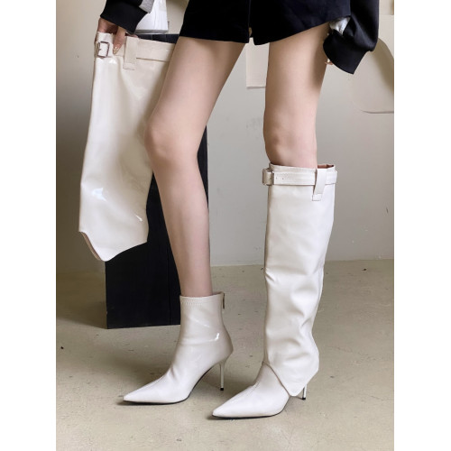 2025歐美風尖頭高跟漆皮亮面皮帶釦高筒不過膝長靴騎士靴女馬丁靴