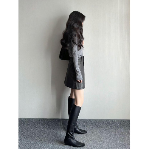 小黑線上~復古黑色粗跟騎士靴百搭長靴子女2025秋冬不過膝高筒靴