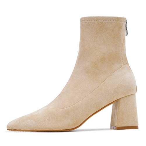 班麗韓系小踝靴粗跟短靴女2025年秋季新款杏色尖頭高跟短靴瘦瘦靴