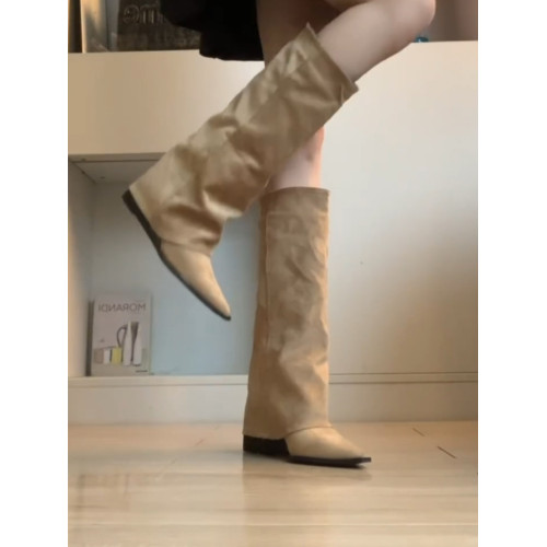 羊皮版~復古坡跟褲琯靴女2025新款不過膝長筒靴增高顯瘦西部靴子