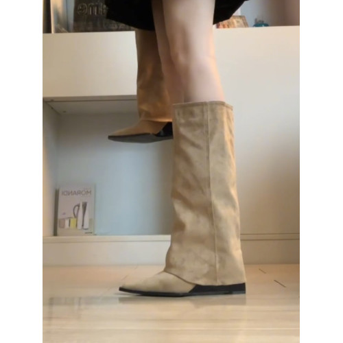 羊皮版~復古坡跟褲琯靴女2025新款不過膝長筒靴增高顯瘦西部靴子