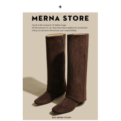 法式棕色磨砂絨面長筒褲琯靴女方頭側拉鍊高筒靴不過膝內增高長靴