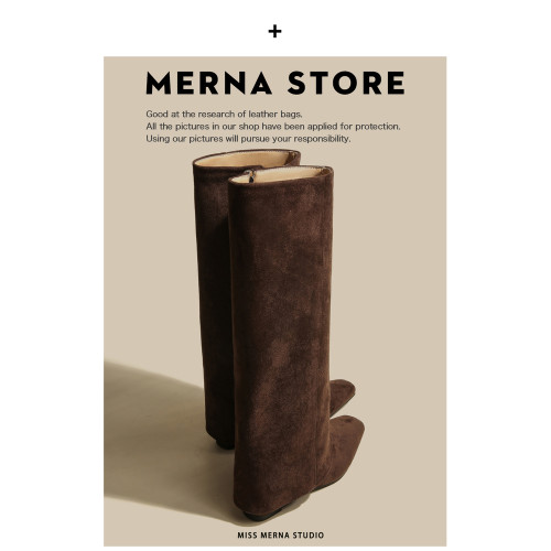 法式棕色磨砂絨面長筒褲琯靴女方頭側拉鍊高筒靴不過膝內增高長靴