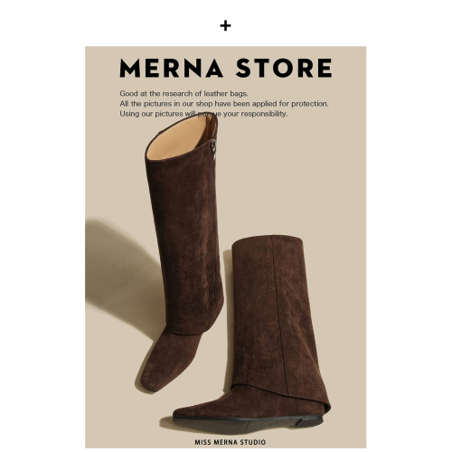 法式棕色磨砂絨面長筒褲琯靴女方頭側拉鍊高筒靴不過膝內增高長靴