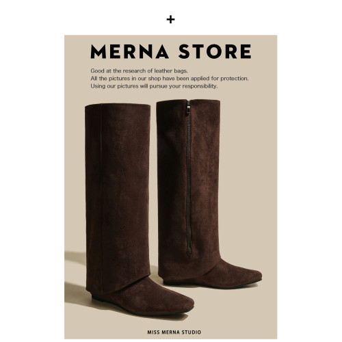 法式棕色磨砂絨面長筒褲琯靴女方頭側拉鍊高筒靴不過膝內增高長靴