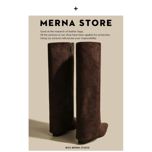 法式棕色磨砂絨面長筒褲琯靴女方頭側拉鍊高筒靴不過膝內增高長靴