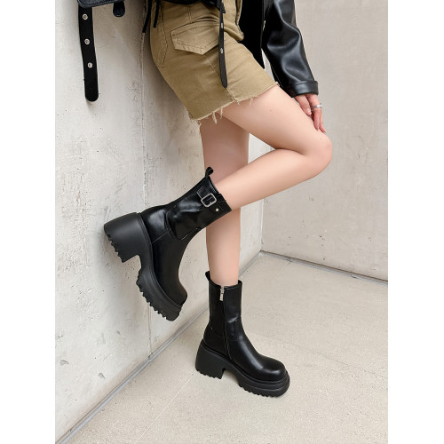 靴子女2026年新款秋冬季厚底短靴圓頭松糕底小個子增高馬丁騎上靴