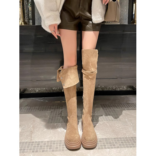 34~43碼美拉德兩穿繙折高跟過膝靴子大筒圍胖mm加寬長筒騎士靴女