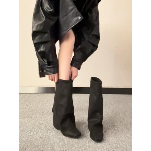 羊皮版~2025新款韓版小衆設計褲琯靴女復古歐美風粗跟方頭時裝靴