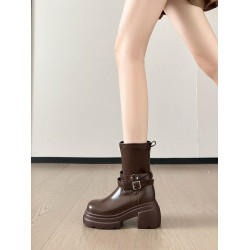 牛皮版內增高11cm小個子美拉德短靴子女棕色英倫風復古粗跟馬丁靴