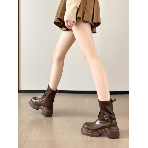 牛皮版內增高11cm小個子美拉德短靴子女棕色英倫風復古粗跟馬丁靴