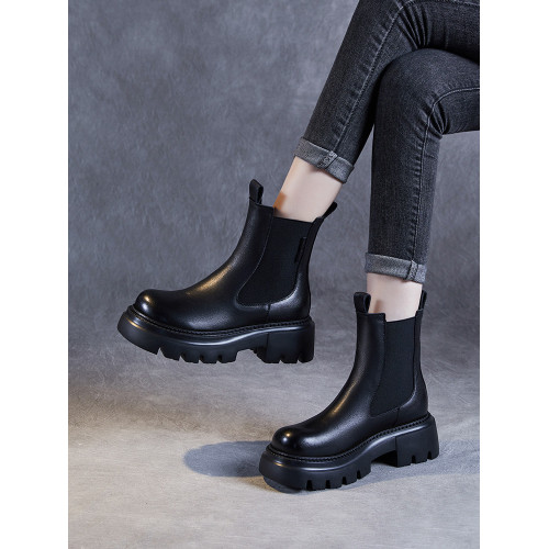 頭層牛皮菸筒靴女厚底馬丁靴2025新款秋冬真皮松糕底短靴加絨棉鞋