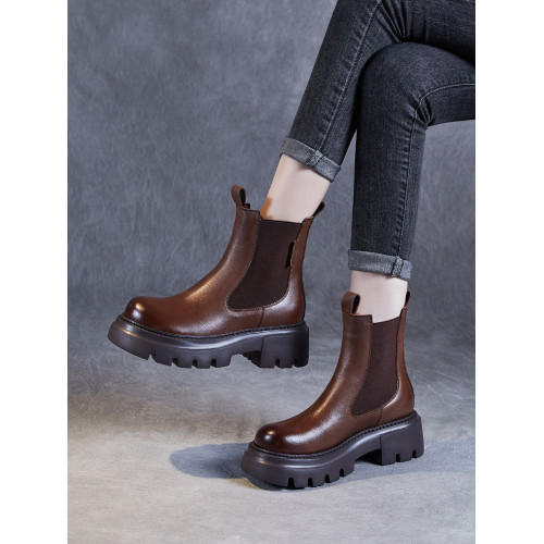 頭層牛皮菸筒靴女厚底馬丁靴2025新款秋冬真皮松糕底短靴加絨棉鞋