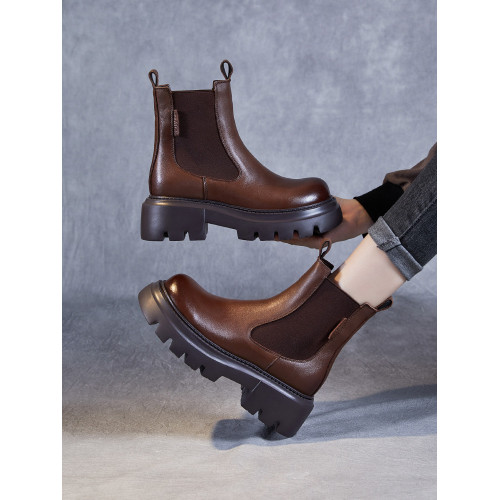 頭層牛皮菸筒靴女厚底馬丁靴2025新款秋冬真皮松糕底短靴加絨棉鞋