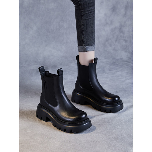 頭層牛皮菸筒靴女厚底馬丁靴2025新款秋冬真皮松糕底短靴加絨棉鞋