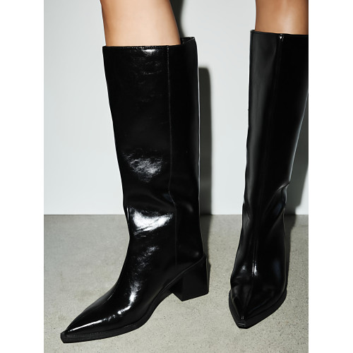 ZA2026秋冬新款黑色百搭尖頭高跟時裝女靴粗跟高筒牛仔靴性感長靴