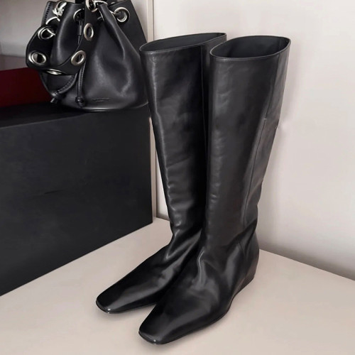 牛皮版~秋冬新款方頭內增高長靴寬鬆直筒套筒不過膝高筒騎士靴女 牛皮版~秋冬新款方頭內增高長靴寬鬆直筒套筒不過膝高筒騎士靴女