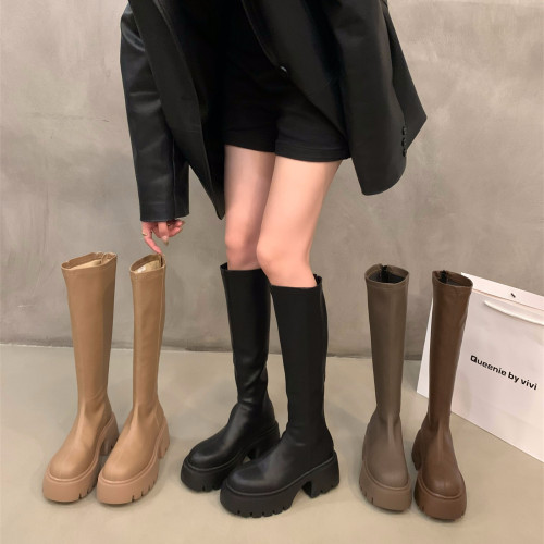 厚底小個子瘦瘦長筒騎士靴女鞋2025新款秋冬季加絨黑色中筒長靴子