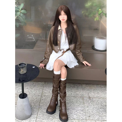 牛皮版~美拉德風棕色靴子女夏季厚底長筒靴2026年新款高筒騎士靴